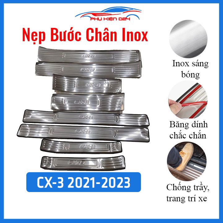 Ốp bậc cửa lên xuống ô tô Mazda CX-3 2021-2023 inox, nẹp bước chân dán trong ngoài chống trầy xước, trang trí xe hơi