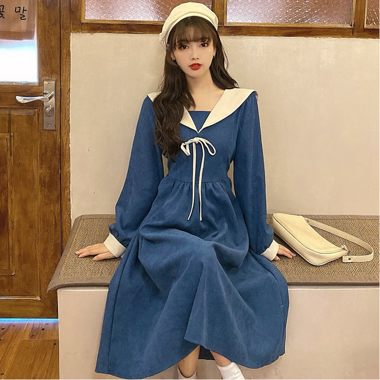 Đầm Nhung Cổ Thủy Thủ Thắt Dây Phong Cách Vintage Pháp Mới