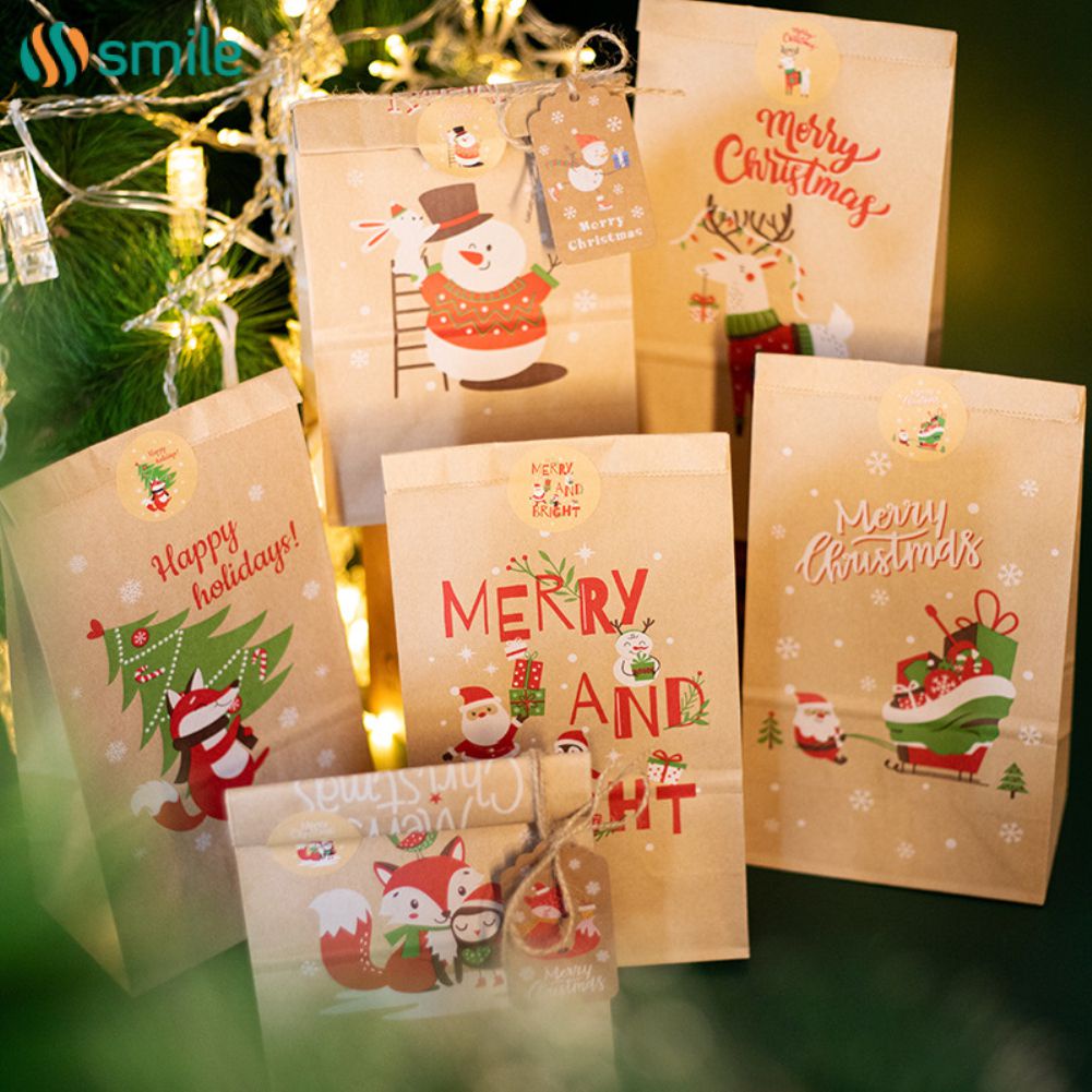 ღ Giáng Sinh 2023 Túi Quà Giáng Kraft Giấy Gói Ra Đời Lịch Kỹ Thuật Số Miếng Dán Trang Trí Túi Merry Xmas Năm Mới Túi Kẹo 24 Chiếc