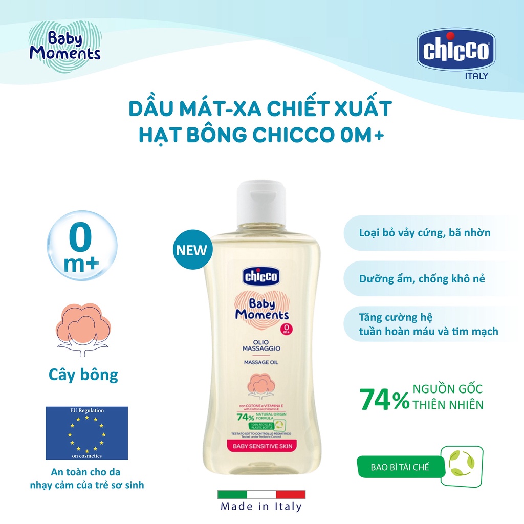 Combo Sữa tắm gội chiết xuất Hoa cúc 0M+ Chicco 200ml + Dầu mát-xa chiết xuất hạt bông 0M+ Chicco 200ml