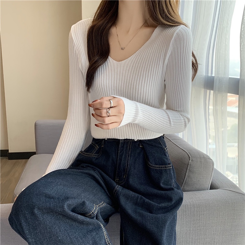 Áo Len Cổ Chữ V Cho Nữ Hàng Dệt Kim, 10 Màu Đơn Giản Retro Màu Trơn Tay Dài Dệt Kim Hàng Đầu