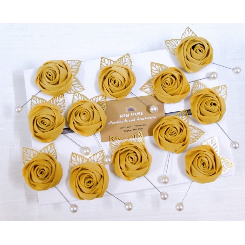 (Ảnh thật-NOBOX) hoa cài áo MEBI Handmade mẫu hoa hồng búp cuộn mix 2 lá kim loại vàng