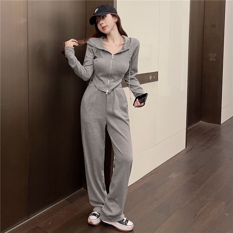 Bộ Đồ Thể Thao Áo Cardigan Tay Dài Quần Lưng Cao Ống Rộng Thời Trang Thu Đông Mới 2022 Dành Cho Bạn Nữ