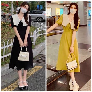 Đầm váy freesize cổ trắng form dài 3 màu