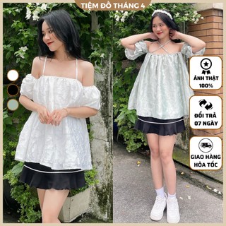 Áo Trễ Vai Tay Phồng Chất Vải Gấm TIỆM ĐỒ THÁNG 4 MEO TOP