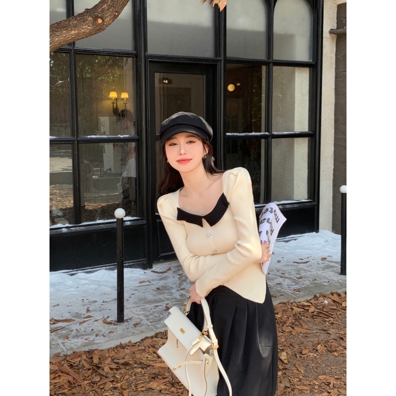 ZHELIHANGFEI Áo Sweater Dài Tay Lưng Cao Phong Cách Pháp Quyến Rũ