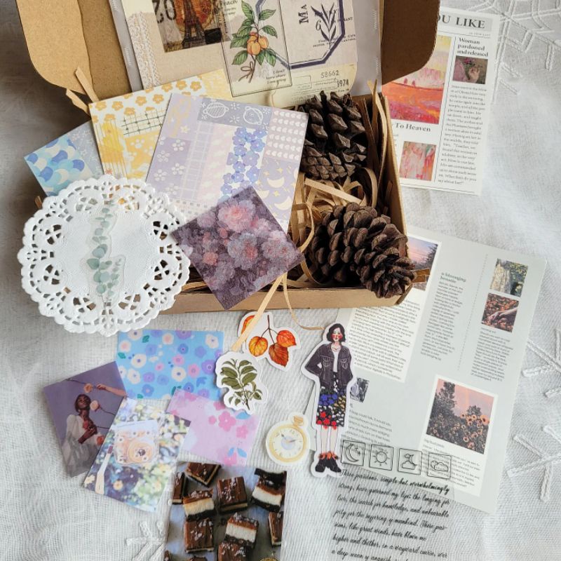 Hộp quà tự trang trí phong cách vintage và aesthetic kèm rơm dây thừng giấy pelure thiệp handmade decor
