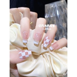 Nail box mẫu caro hồng - 10 móng kèm keo + dũa + giấy tẩm cồn