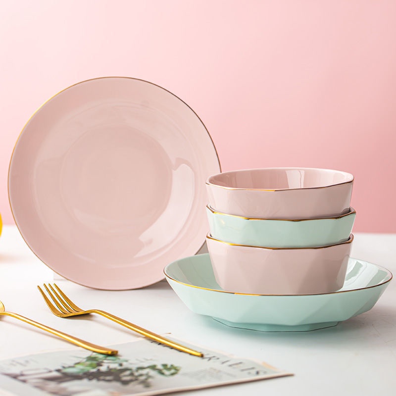 Chén bát sứ kim cương hồng viền vàng sang chảnh, bát đĩa gốm sứ cao cấp