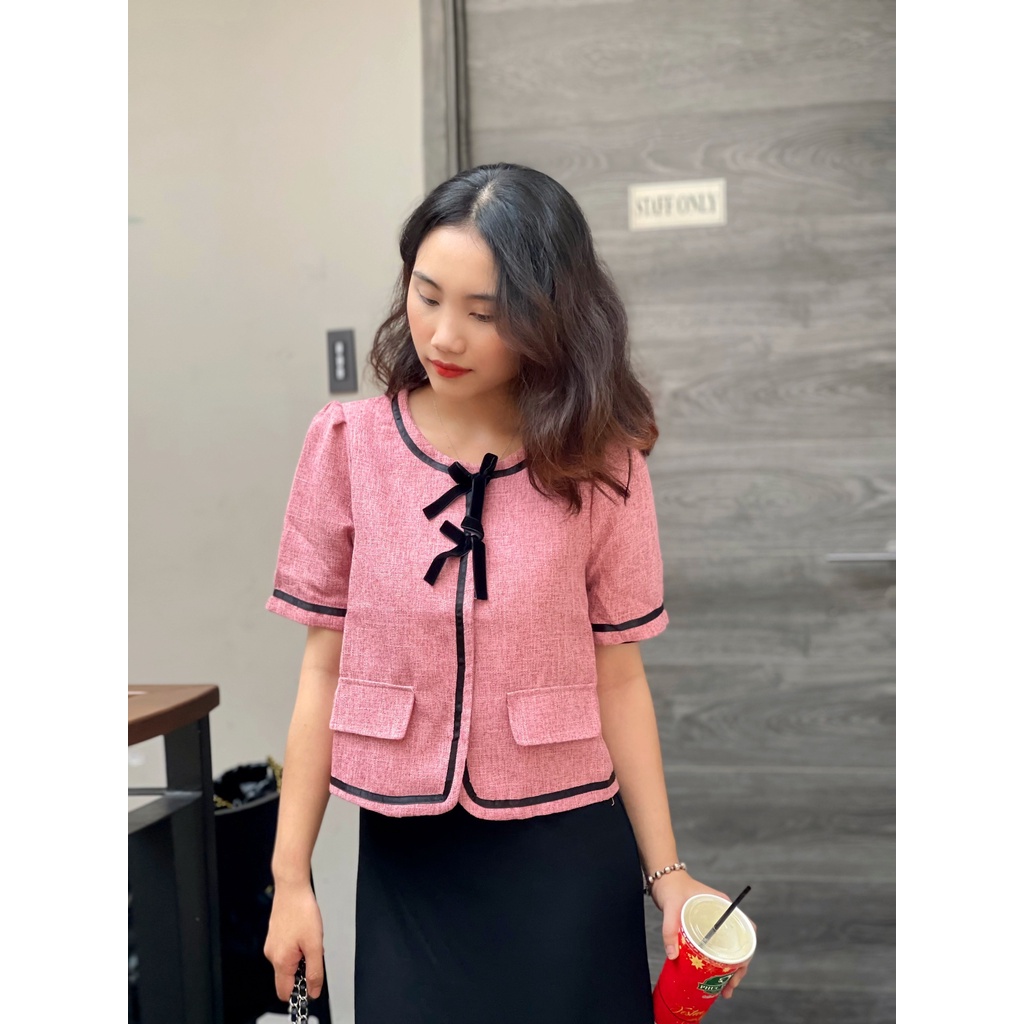 (HÀNG SẴN - HÌNH THẬT) Áo chất Tweed Hàn cổ tròn đính nơ - Blazer mặc được 2 kiểu Khoác ngoài hoặc mặc trơn