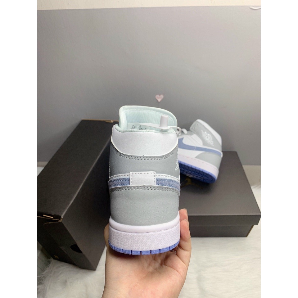 Giày J.D xám trắng đế xanh, Giày Jordan 1 cổ cao JD grey xám đế xanh bản đẹp full box bill_Tặng box bảo vệ