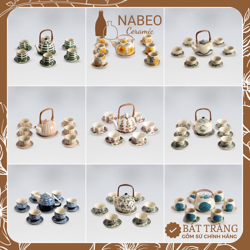 Bộ Ấm Chén Bát Tràng Decor Vẽ Tay Thủ Công, Pha Chè, Trà Hoa Cúc... Dung Tích 650ml quai đồng và quai mây