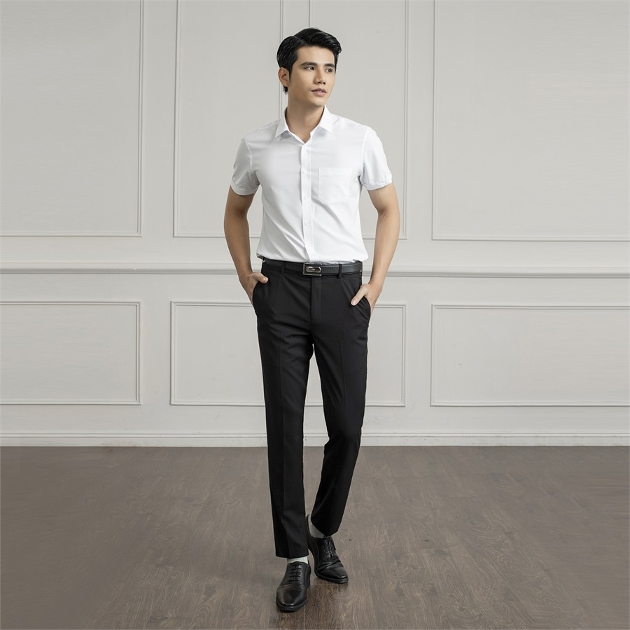 Áo sơ mi trắng nam ngắn tay ARISTINO ASSR20 somi công sở vải micro polyester cao cấp dáng regular fit tà lượn có túi
