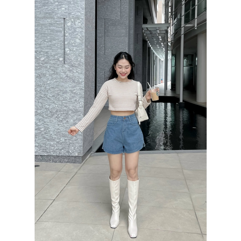Quần short jeans lưng cao ống rộng chất vải dày dặn túi hai bên và đằng sau POP JEAN SHORTS - Sibling House