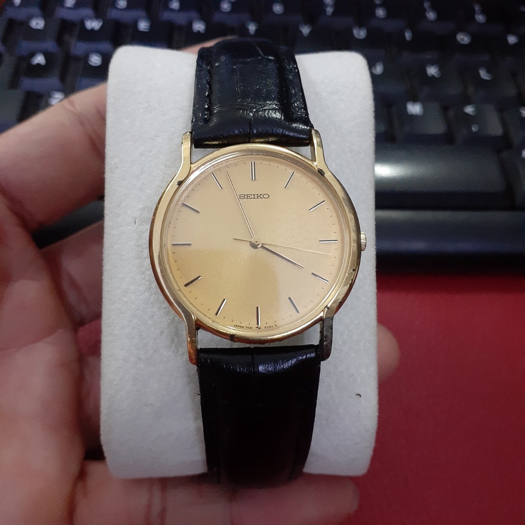 Đồng hồ nam nữ seiko mặt vàng dây da nội địa si Nhật