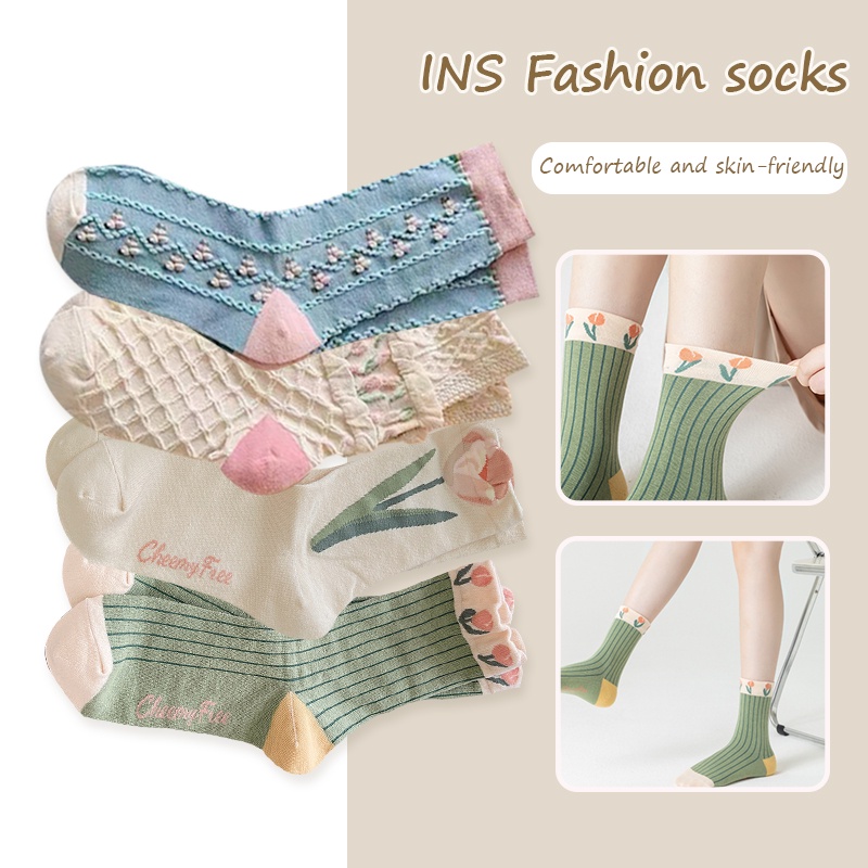 Vớ Ống Thoáng Khí Họa Tiết Hoa Tulip Thời Trang Mùa Đông Cho Nữ