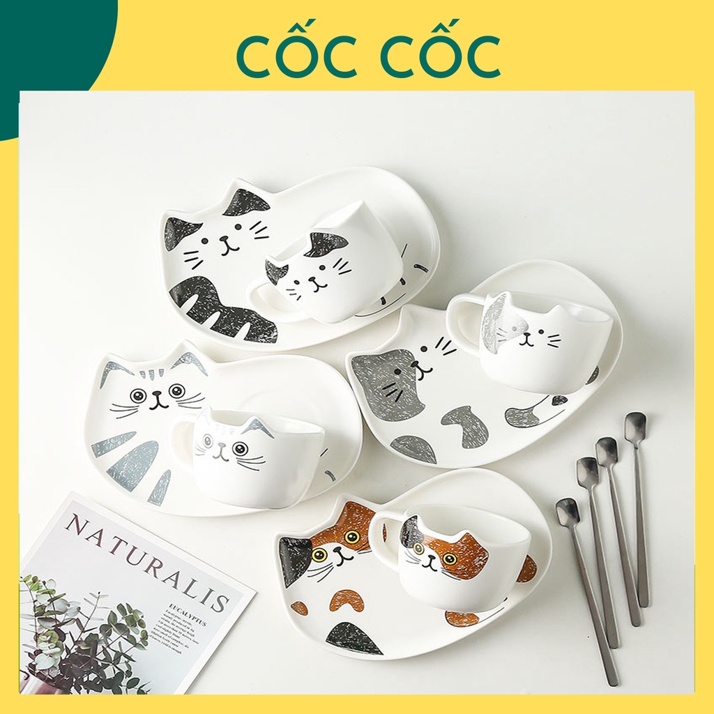Cốc ly sứ kèm đĩa , thìa hình mèo Cốc Cốc nhiều màu dễ thương dùng để uống nước pha trà pha cà phê quà tặng bạn bè