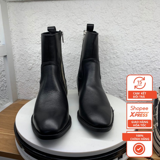 Giày Zip Boots Da Bò Đế Phíp Gỗ 4,5cm bản classic hở khoá
