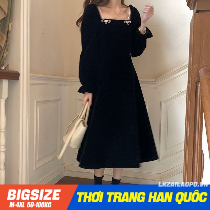 Váy đầm nữ Bigsize Đầm dự tiệc sang trọng dáng suông nhung tay dài cổ vuông đen mùa thu Phong cách Hàn Quốc Thời Trang cá tính xinh đẹp cho người mập béo nữ