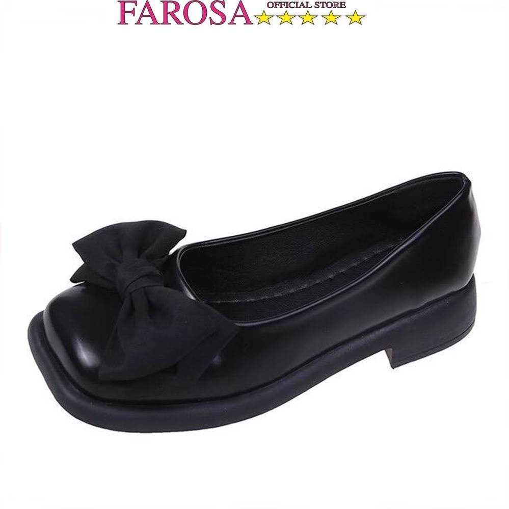 Giày mary janes nữ mũi vuông FAROSA - TB7 đính nơ lụa hai màu đen trắng cực hót trend