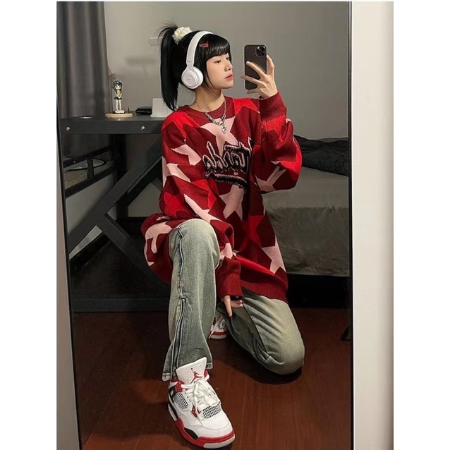 Áo Sweater Dệt Kim Cổ Tròn Dáng Rộng In Hình Ngôi Sao Thời Trang Thu Đông Hàn Quốc Cho Nữ