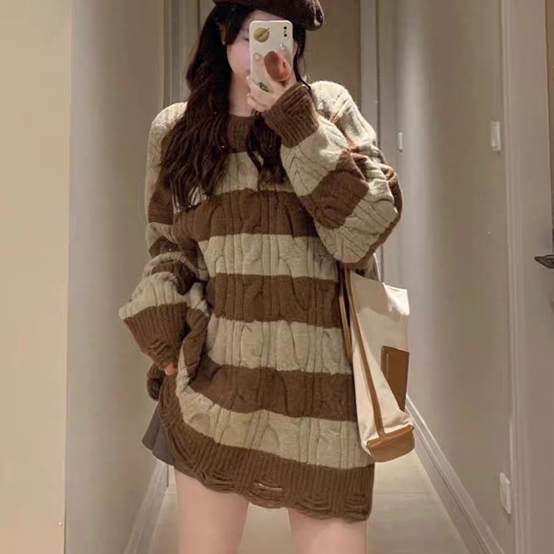 SUXI Áo Sweater Dệt Kim Cổ Tròn Dáng Rộng In Kẻ Sọc Kiểu Vintage Hàn Quốc Thời Trang Mùa Thu Cho Nữ