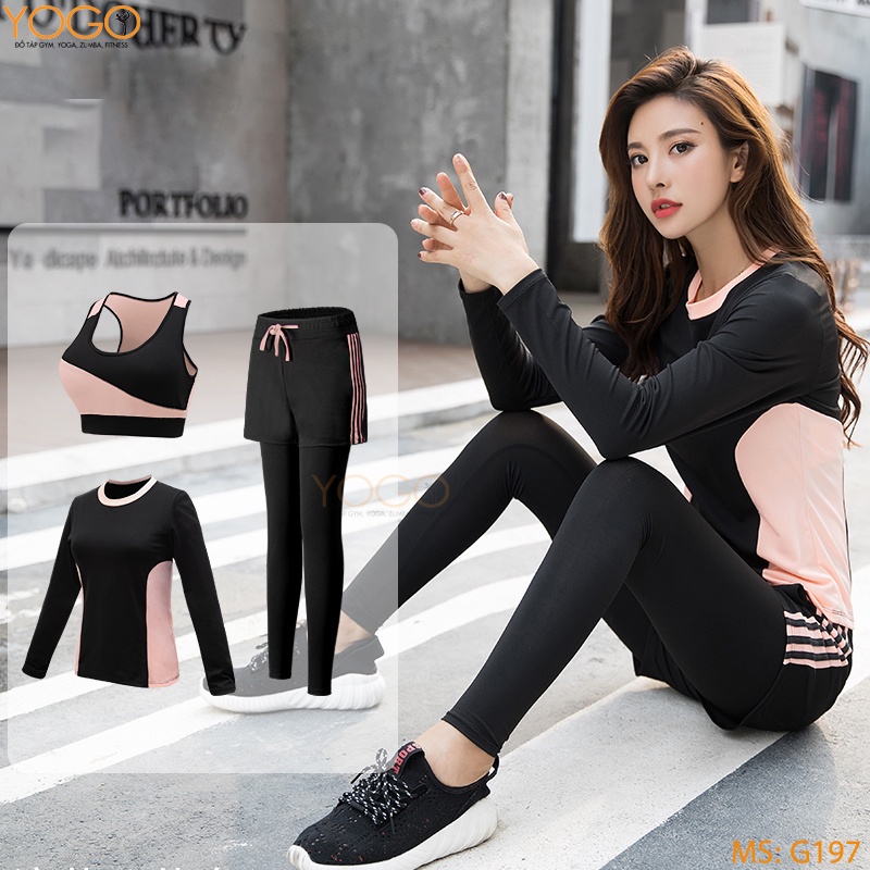 Bộ đồ tập gym yoga nữ áo bra thể thao kèm áo thun tay dài quần legging chất thun cao cấp co giãn 4 chiều YOGO G197