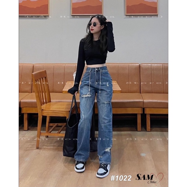 Quần Bò Suông Rách Gấu Kèm Đai Hàng Quảng Châu MS1023
