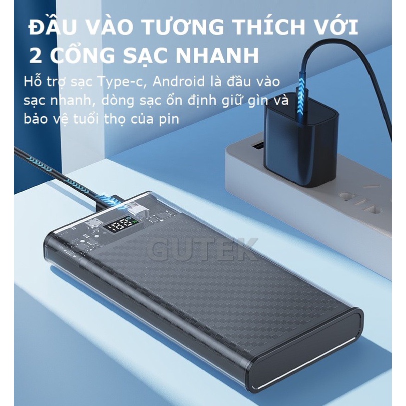 Sạc dự phòng pin 10000mah sạc nhanh 22,5W nhiều cổng USB Type-C đầu ra vỏ trong suốt - Gutek PD107