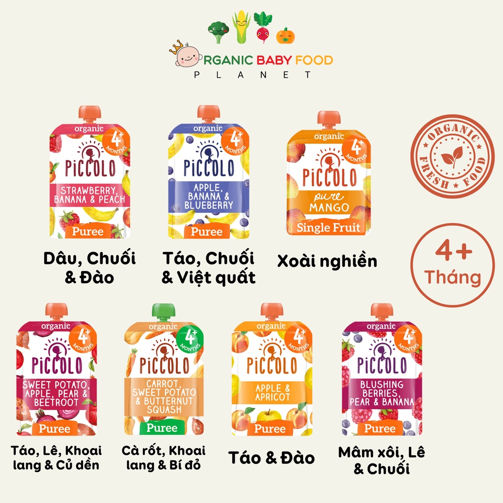 Trái cây rau củ nghiền Piccolo ăn dặm cho bé từ 4 tháng nhiều vị thơm ngon không đường bổ sung vitamin dễ hấp thu 100g