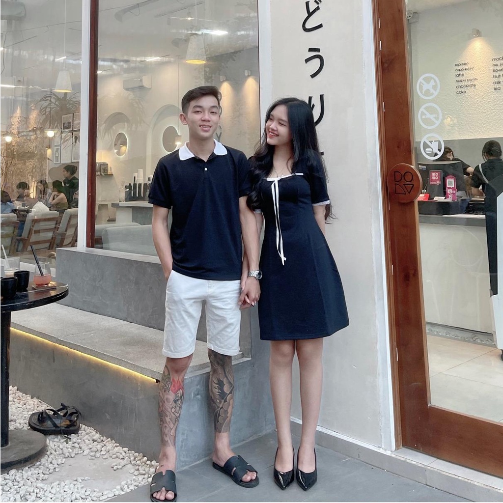 Set đồ đôi váy nữ cột dây nơ mảnh + áo nam