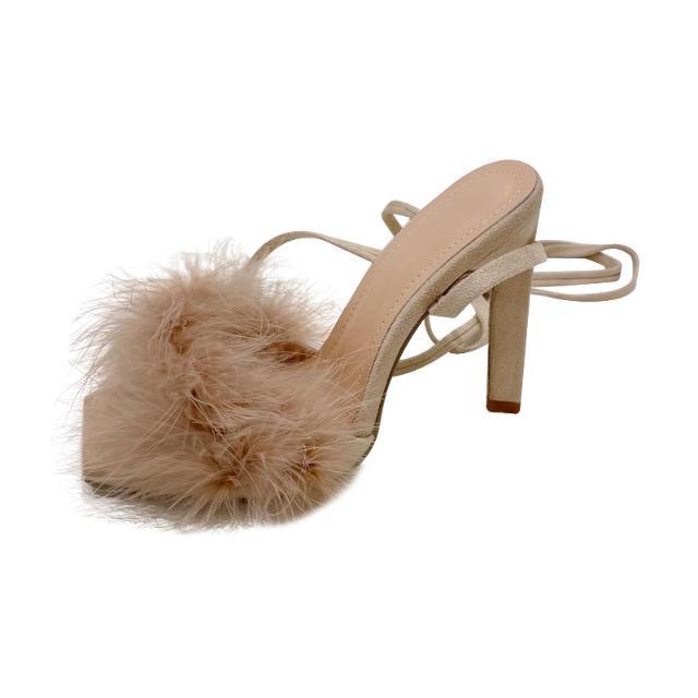 Giày Sandal Cao Gót 11cm Phối Lông Vũ Phong Cách Âu Mỹ 2023