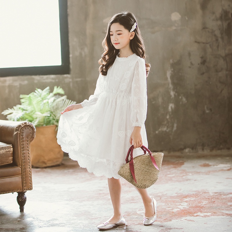 Đầm cotton Trắng Tay Dài Phối Ren Thời Trang Cho Bé Gái 2-16 Tuổi