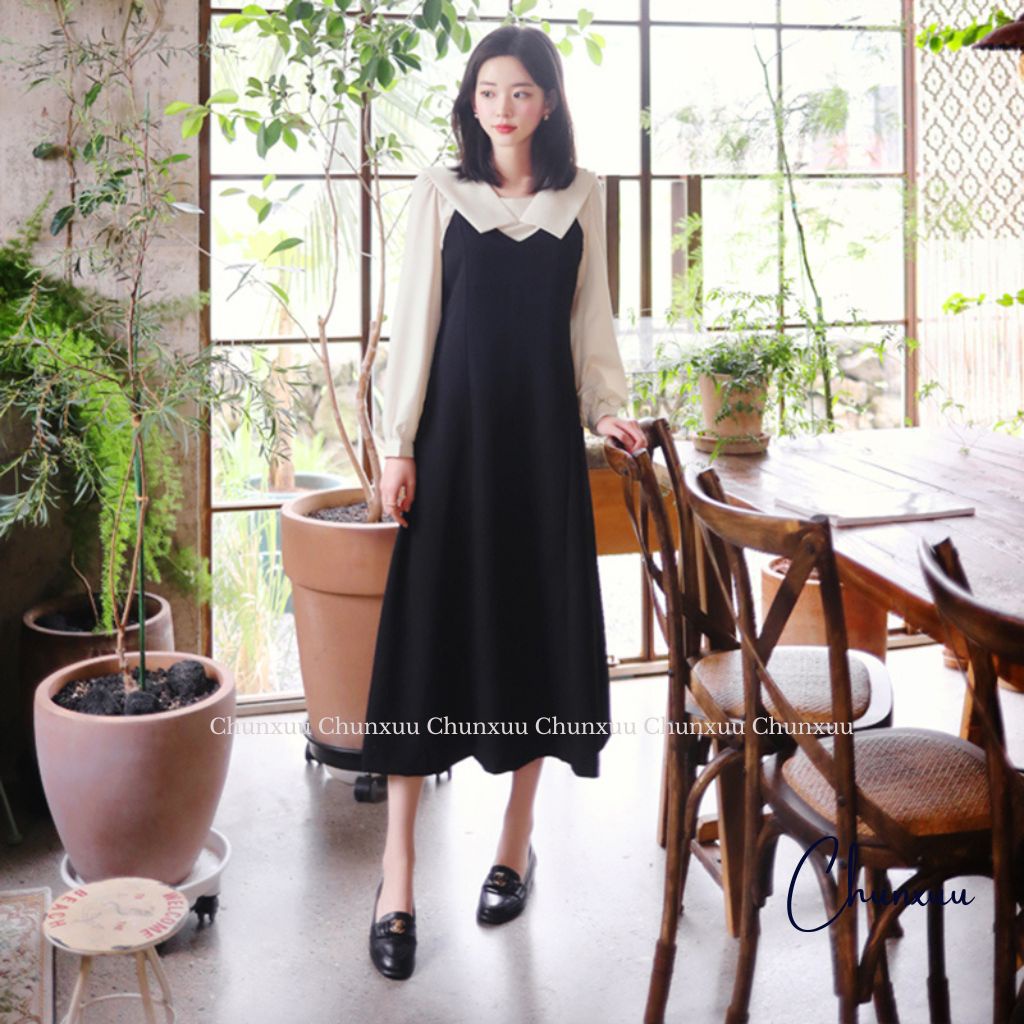 Váy yếm đen trơn thiết kế CHUNXUU dáng A basic có dây thắt eo phong cách hàn quốc (không kèm áo) - V17
