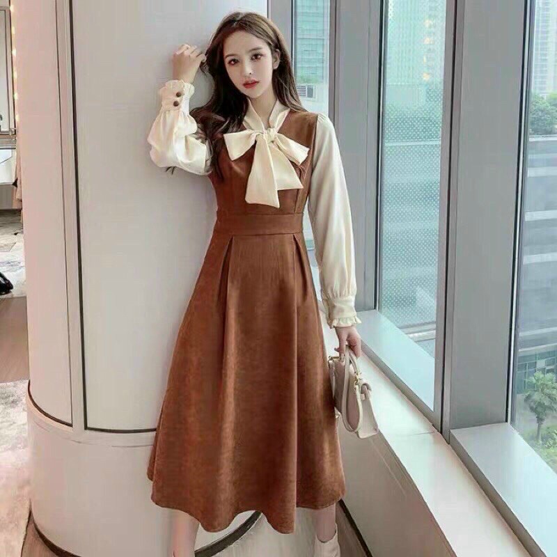 (FreeShip 2022) Đầm nữ tay dài dáng xòe,đầm thu đông tay phối cột nơ cổ siêu xinh,chất umi cao cấp