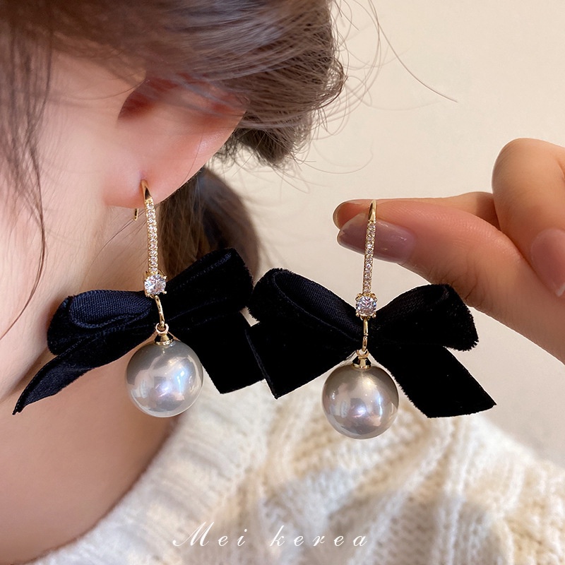 1 Đôi Bông Tai Bạc Hình Nơ Đính Đá Zircon Màu Đen Ngọc Trai Phong Cách Pháp Thời Trang