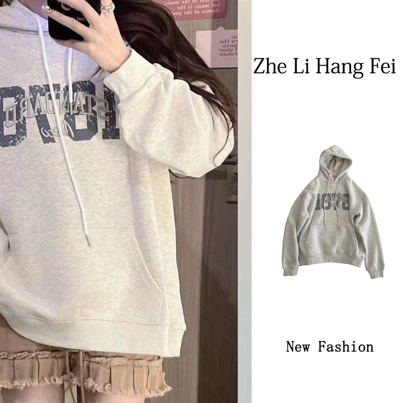 ZHELIHANGFEI Áo Hoodie Tay Dài Dáng Rộng Thêu Chữ Phong Cách Preppy