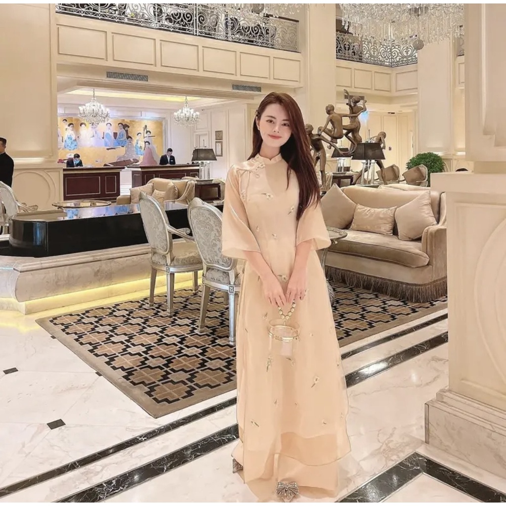 Áo dài cúc chi cách tân may sẵn voan tơ thêu 4 tà cao cấp siêu đẹp cho nàng diện Tết 2023 giá rẻ saam