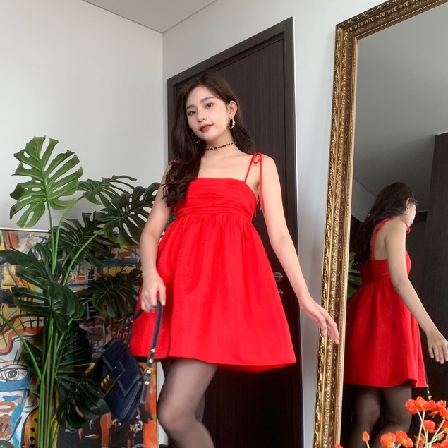 Đầm xoè hai dây SheByShj tafta đỏ - Suri Dress
