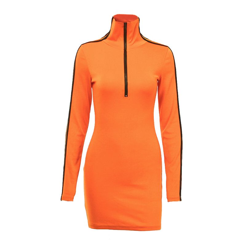 Xiangbao Đầm Ôm Mini Tay Dài Cổ Lọ Màu Sáng Có Dây Kéo Gợi Cảm Cho Nữ