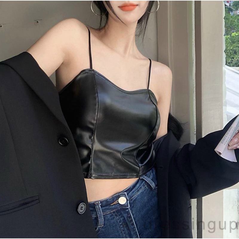 Bra da siêu chất, áo hai dây Croptop lưng chun siêu co giãn túi zip, Áo croptop da 2 dây có đệm ngực 2235