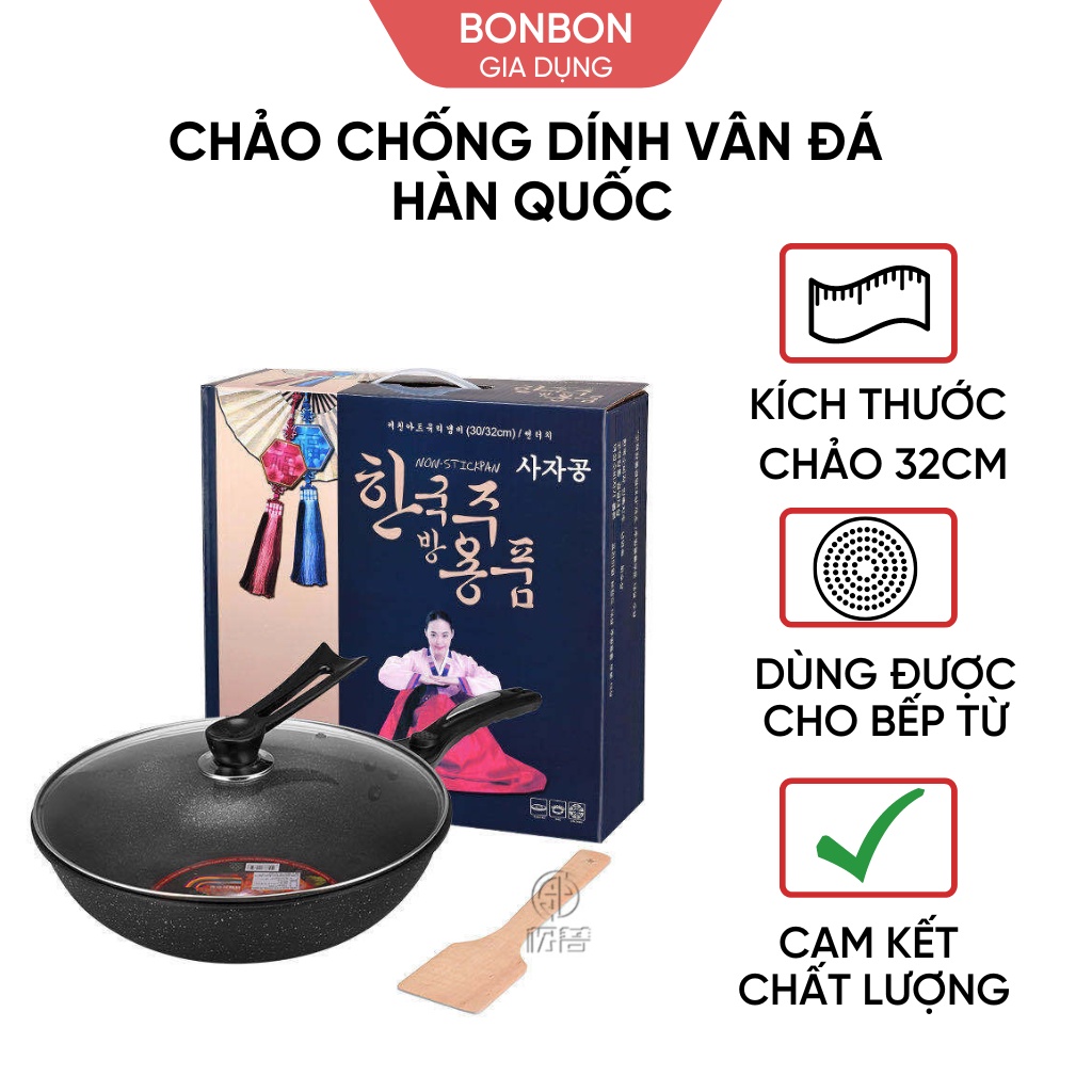 Chảo chống dính vân đá COOPIA lòng sâu có nắp kính size 32cm dùng được cho bếp từ