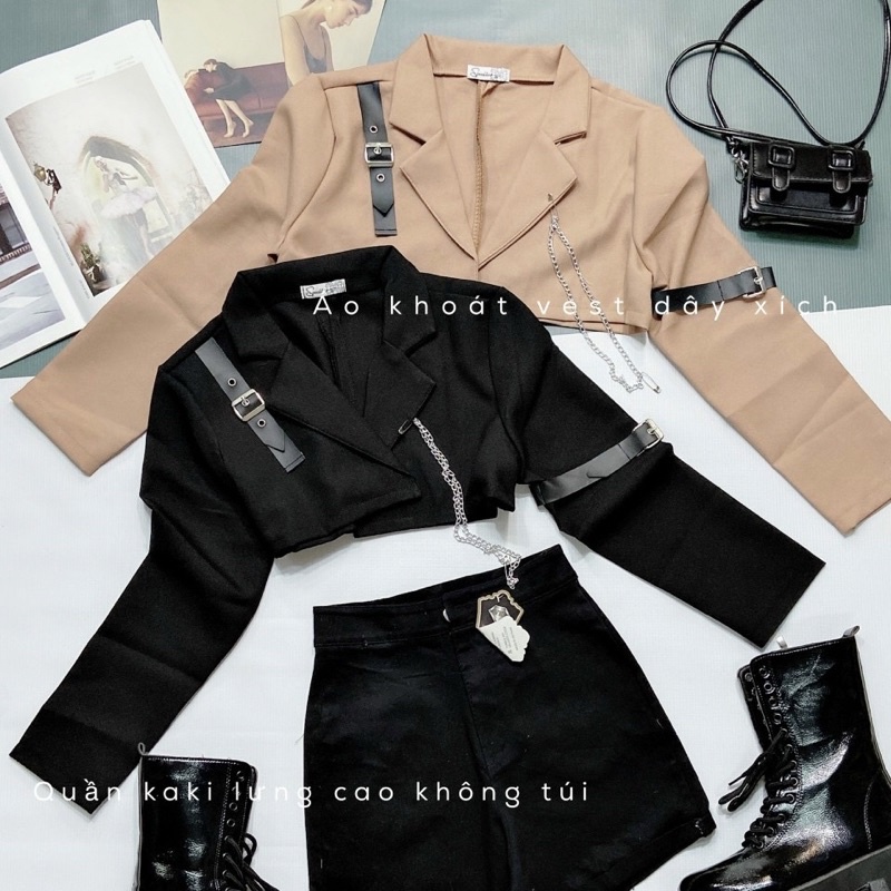 Áo khoác vest croptop tay dài kèm dây xích