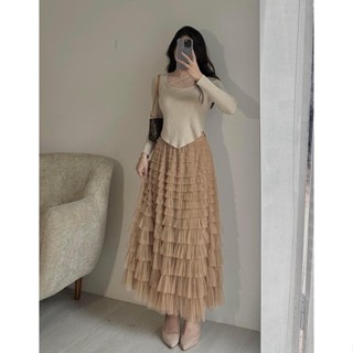  Chân váy midi ren xếp li nhiều tầng dáng dài siêu hot 