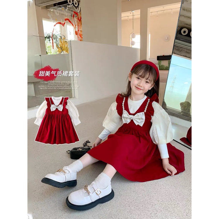 Váy Nhung đỏ cho bé gái, Set váy thu đông cho bé gái diện tết diện noel siêu dễ thương từ 7 - 20kg