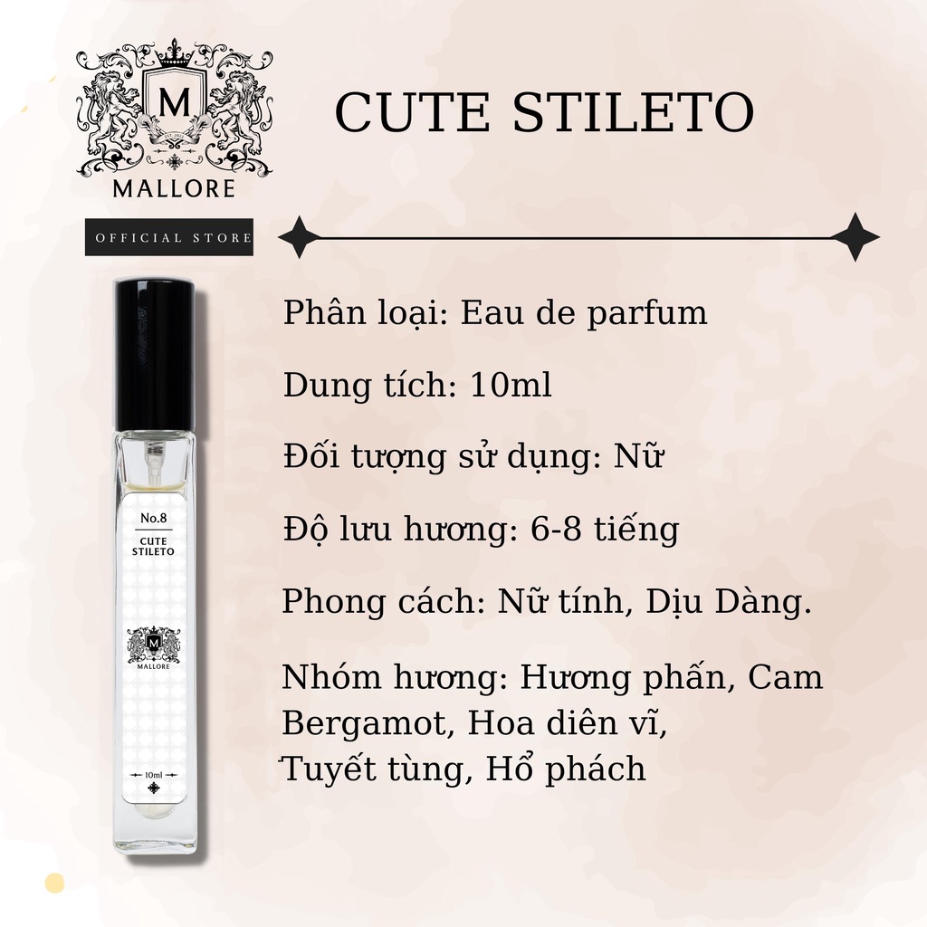 Nước hoa nữ Mallore Cute Stileto ngọt ngào, quyến rũ, sang trọng. Nước hoa mini gợi cảm 10ml dạng xịt tiện lợi