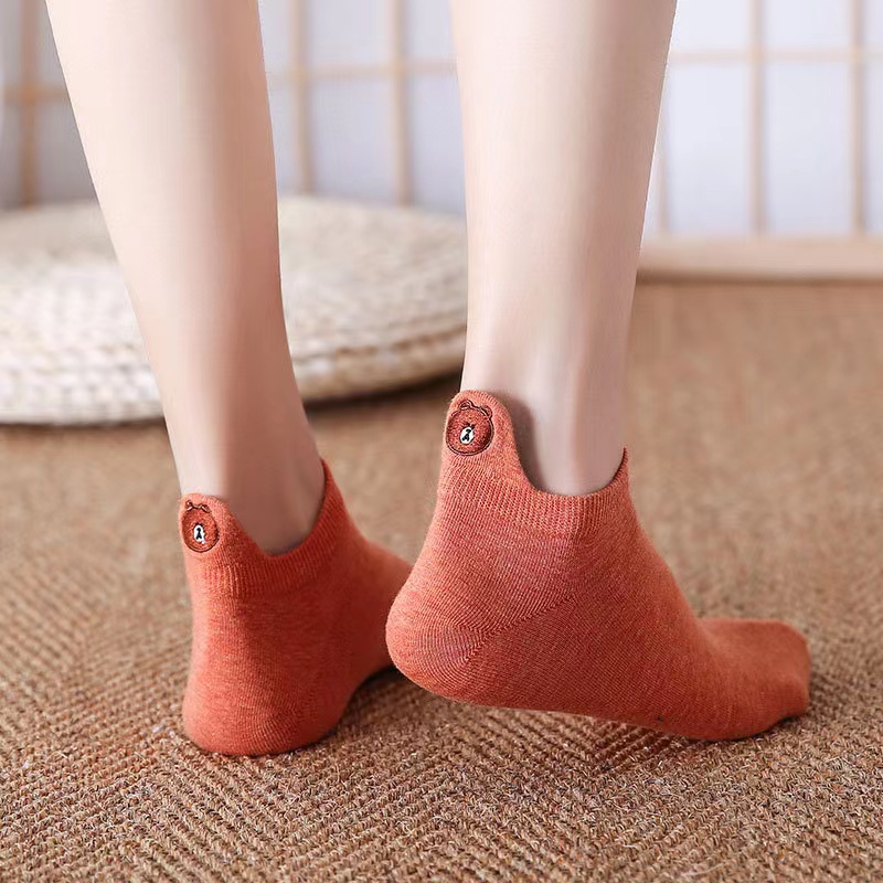 Vớ Thuyền Miệng Nông Thêu Họa Tiết Đầu Gấu Hoạt Hình Thời Trang Xuân Hè Cho Nữ