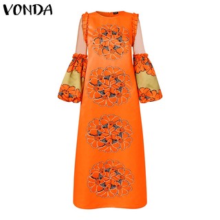 VONDA Đầm Dài Dáng Rộng Cổ Tròn Tay Loe In Hoa Phối Ren Cổ Điển Cho Nữ