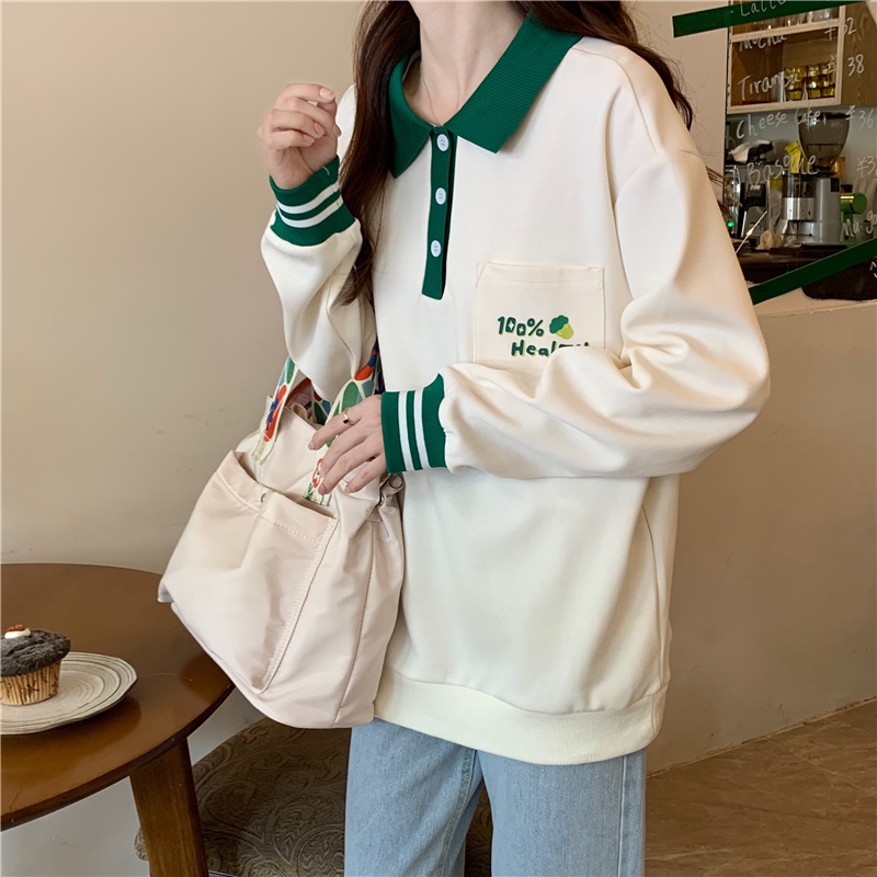 Áo sweater SUXI thể thao polo dáng rộng phối túi đơn giản thời trang xuân thu cho nữ