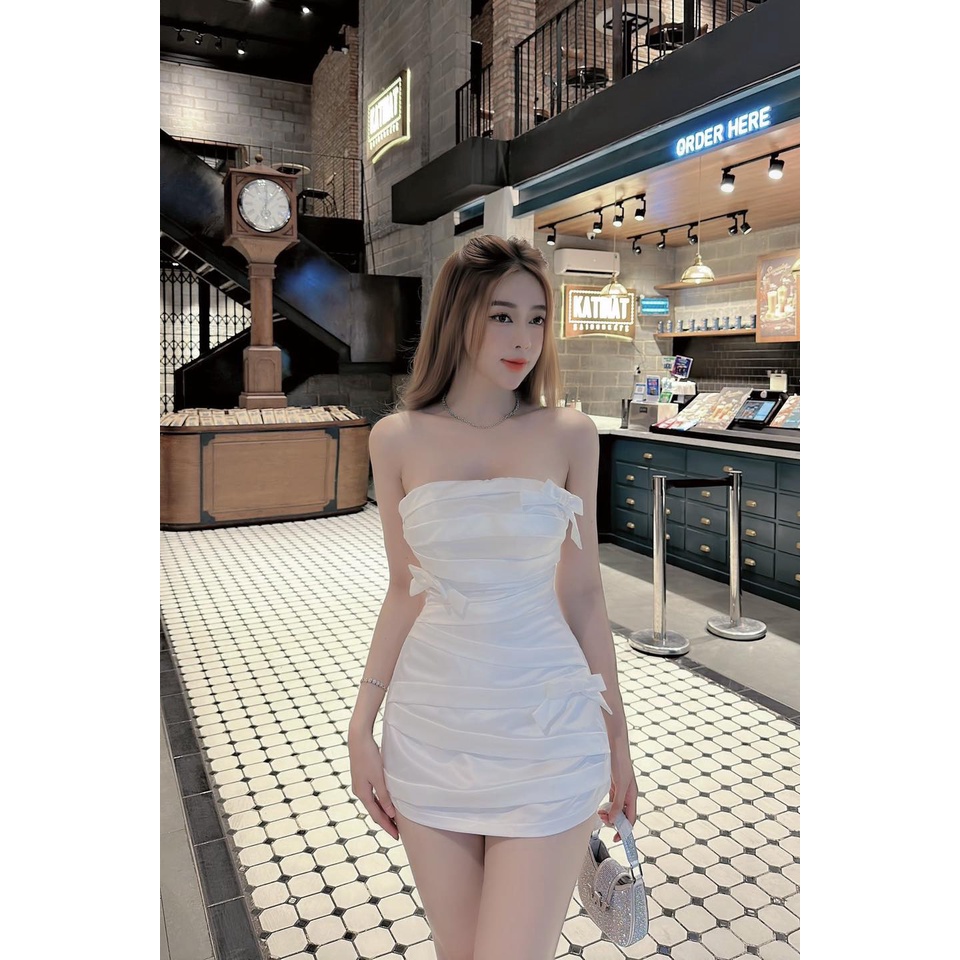Đầm Body Dự Tiệc Cúp Ngực Dáng Ôm Họa Tiết Xếp Ly Kèm Nơ Xinh - 2 Màu Trắng, Đen - Vải Phi 1 Da - Mã EPH02